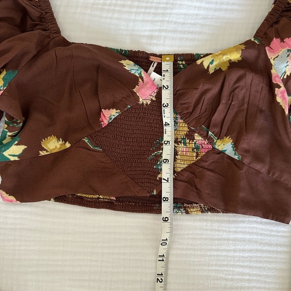 New Free People Large Dusk Til Dawn Crop Top with Balloon Sleeves Maroon Floral - Picture 8 of 9